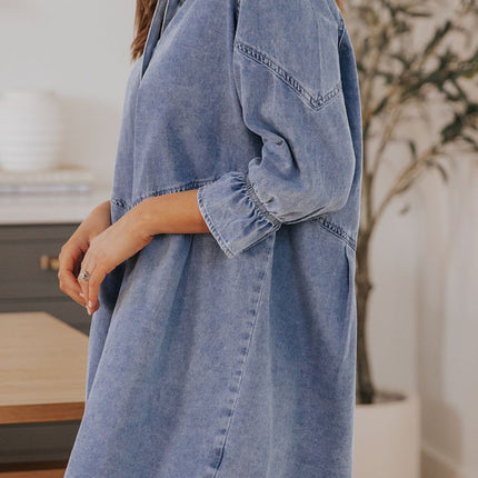 Distressed Collared Neck Flounce Sleeve Denim Dress