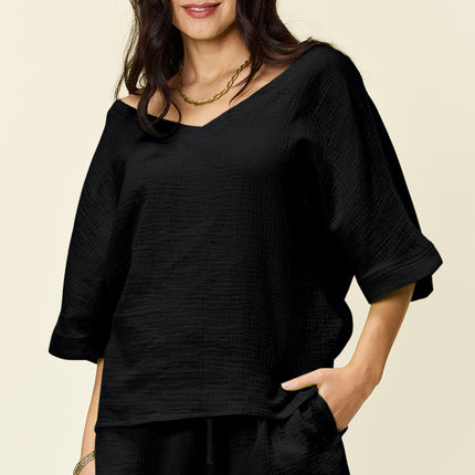 Double Take Texture Half Sleeve T-Shirt and Drawstring Shorts Set - Vickie Lynn's