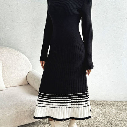 Contrast Mock Neck Long Sleeve Sweater Dress