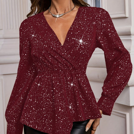 Asymmetrical Hem Surplice Long Sleeve Blouse