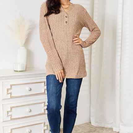 Double Take Notched Neck Ribbed Long Sleeve T-Shirt