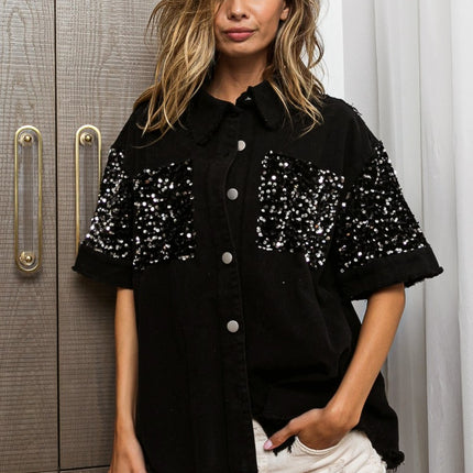 BiBi Sequin Detail Raw Hem Short Sleeve Shirt