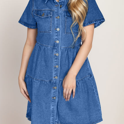 Button Up Short Sleeve Denim Dress