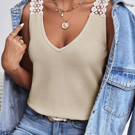 Lace Detail Waffle-Knit V-Neck Tank
