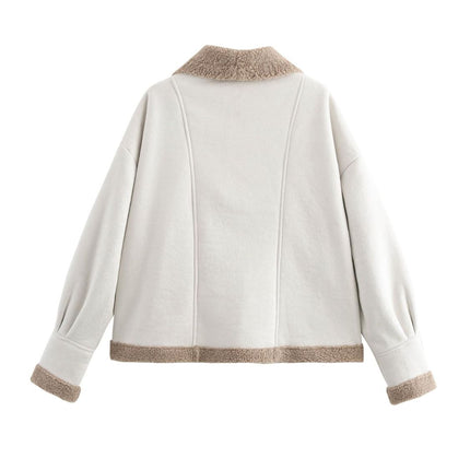 Fuzzy Collared Neck Long Sleeve Jacket