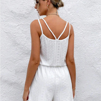 Eyelet Scoop Neck Double Spaghetti Straps Romper