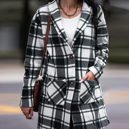 Shiny Plaid Shawl Collar Coat with Pockets