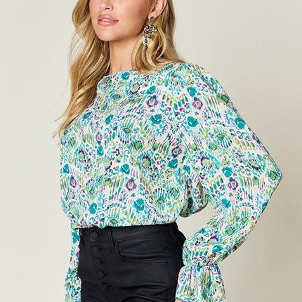 Double Take Full Size Printed Flounce Sleeve Blouse