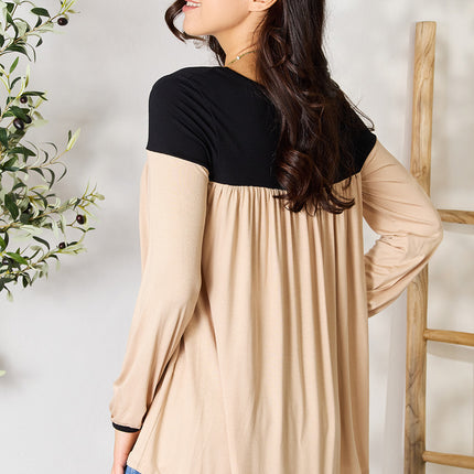 BOMBOM Contrast Long Sleeve Ruched Blouse