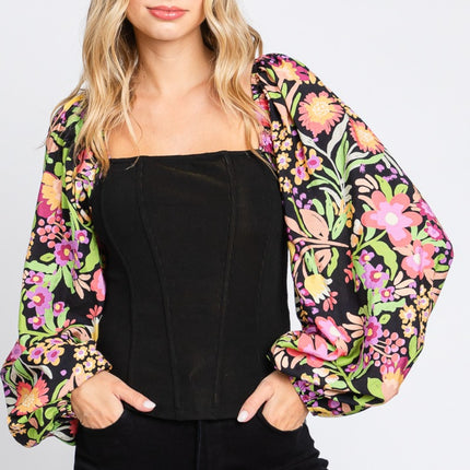 ODDI Full Size Floral Balloon Sleeve Blouse
