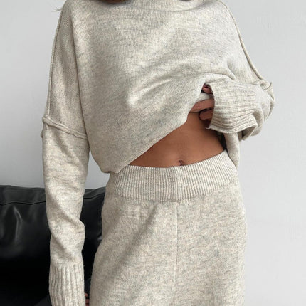 Slit Turtleneck Long Sleeve Top and Pants Sweater Set