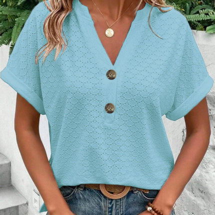 Eyelet Notched Short Sleeve Blouse