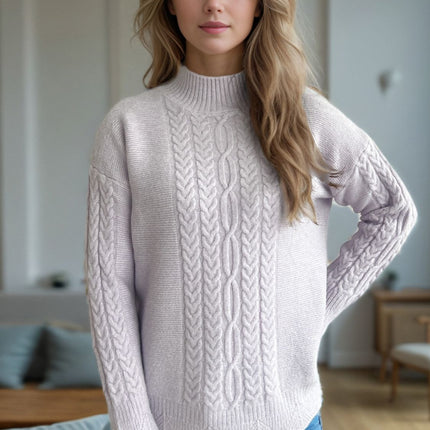 Cable-Knit Mock Neck Dropped Shoulder Sweater