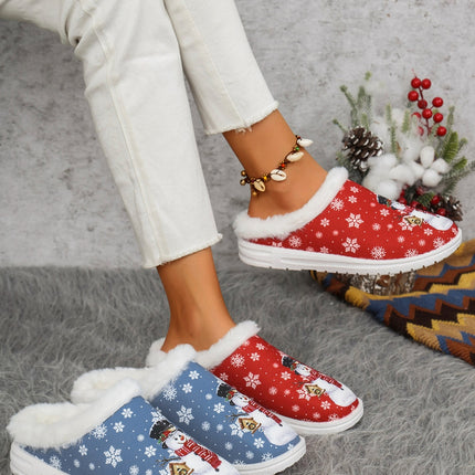 Snowman Print Flat Slippers with Faux Fur