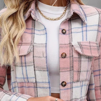 Drawstring Plaid Button Up Jacket with Chest Pockets