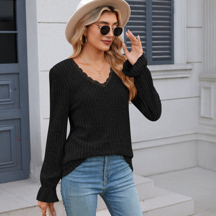 Lace Detail V-Neck Long Sleeve T-Shirt