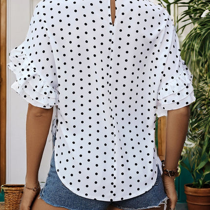 Slit Polka Dot Round Neck Half Sleeve Blouse