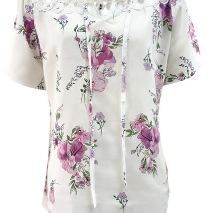 Full Size Printed Tie Neck Short Sleeve Blouse