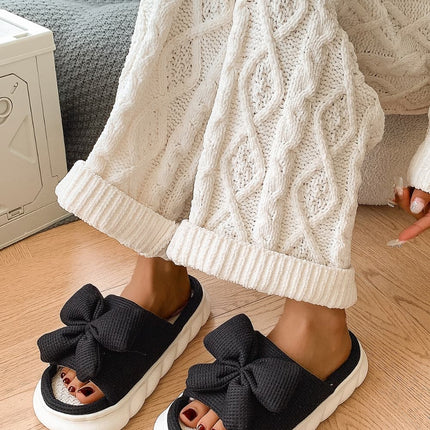 Bow Waffle-Knit Platform Slippers