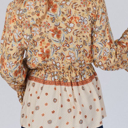 Peplum Printed Surplice Flare Sleeve Blouse