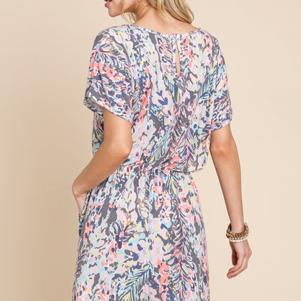 BOMBOM Printed Short Sleeve Drawstring Romper