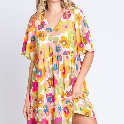 GeeGee Floral V-Neck Ruffle Hem Mini Dress