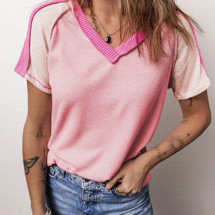 Color Block V-Neck Short Sleeve T-Shirt