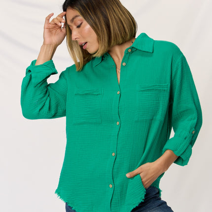 Zenana Texture Button Up Raw Hem Long Sleeve Shirt