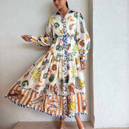 2023 Autumn Print Holiday Women Beach Dress With Belts A-line Long Lantern Sleeve Single Breasted Lapel Seaside Dresses Robe