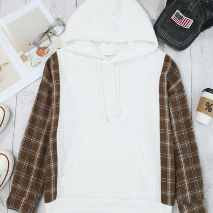 Waffle Knit Plaid Long Sleeve Kangaroo Pocket Hoodie