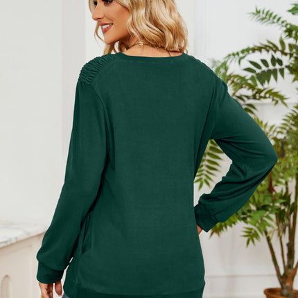 Ruched Shoulder Round Neck Long Sleeve Sweatshirt