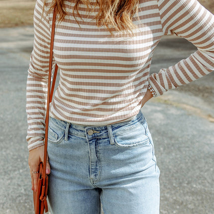 Double Take Striped Mock Neck Long Sleeve Top