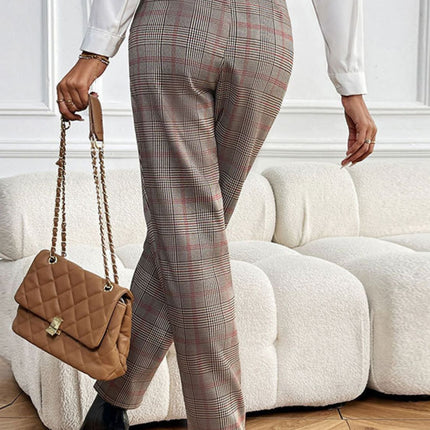 Perfee Plaid Straight Pants with Pockets