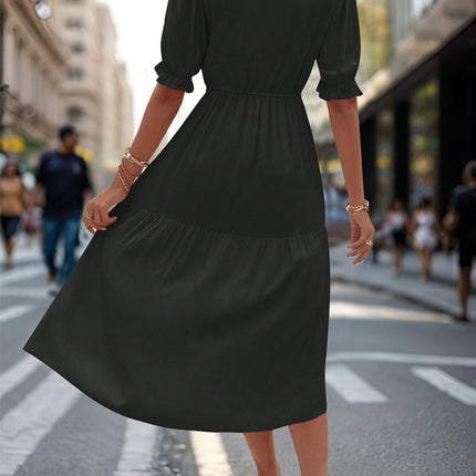 Ruched V-Neck Half Sleeve Midi Dress