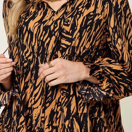 Double Take Full Size Printed Ruffle Hem Long Sleeve Dress