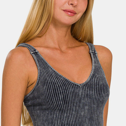 Zenana Washed Ribbed Cropped V-Neck Tank