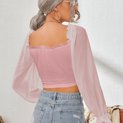 Mesh Sweetheart Neck Flounce Sleeve Top