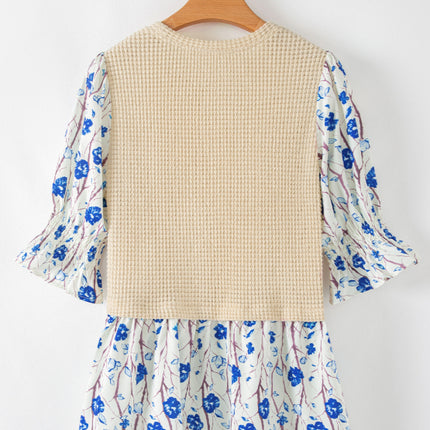 Waffle-Knit Printed Round Neck Flounce Sleeve Blouse