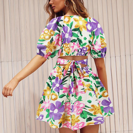 Printed Surplice Short Sleeve Dress