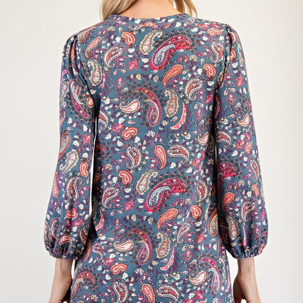 Celeste Full Size Paisley Round Neck Balloon Sleeve Top