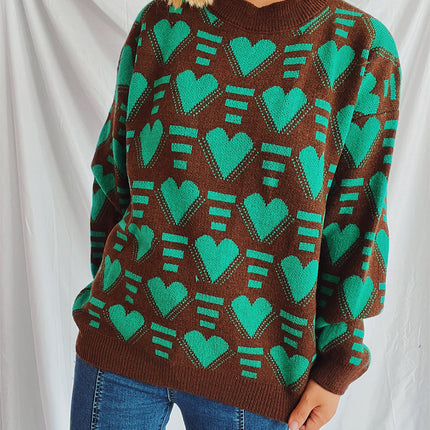 Heart Contrast Long Sleeve Dropped Shoulder Sweater