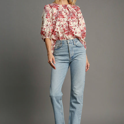 Umgee Floral Pleated Detail Lace Trim Sleeve Blouse