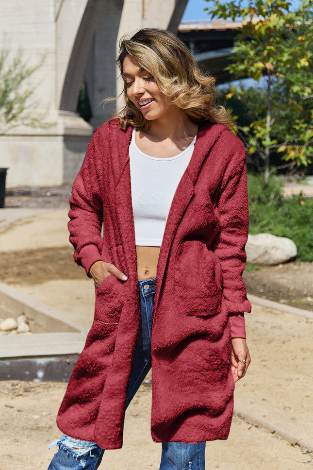 Double Take Full Size Hooded Teddy Bear Jacket with Thumbholes - Vickie Lynn's
