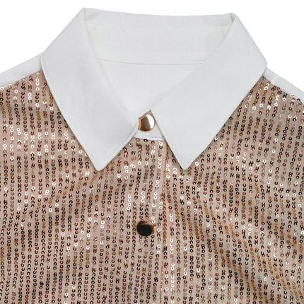 Perfee Sequin Contrast Collared Neck Long Sleeve Shirt