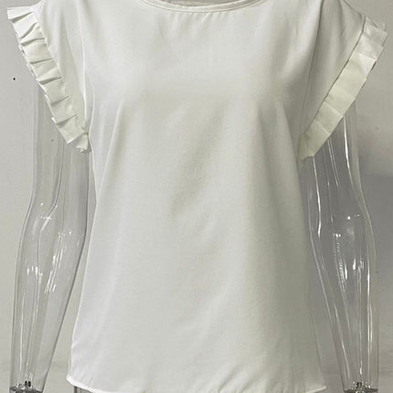 Ruffled Round Neck Cap Sleeve Blouse