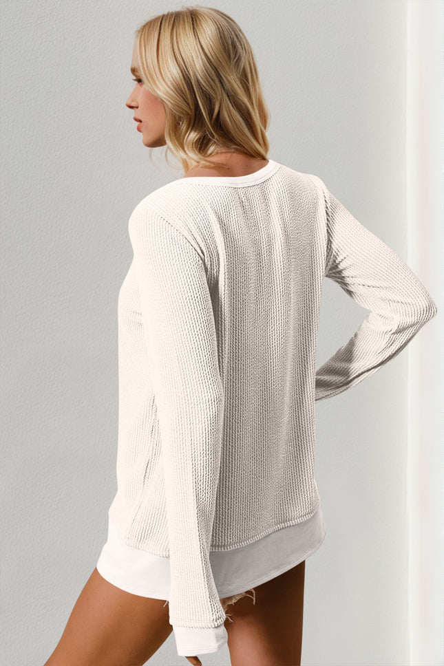 Double Take Corded Rib Thumbhole Cuff Round Neck T-Shirt - Vickie Lynn's