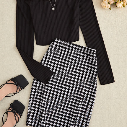 Off-Shoulder Long Sleeve Top and Houndstooth Skirt Set