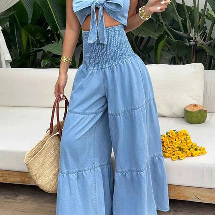 Tie-Front Cutout Smocked Wide Leg Denim Jumpsuit