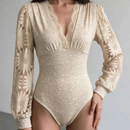 V-Neck Lace Trim Floral Mesh Sleeve Bodysuit