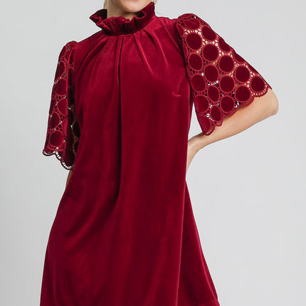 Umgee Dotted Lace Half Sleeve Mock Neck Back Tie Velvet Dress